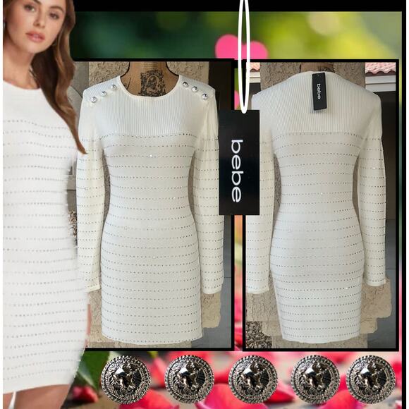 Bebe Women's Anastasia Crystal Sweater Dress White/Silver Size Small NWT - Picture 1 of 8